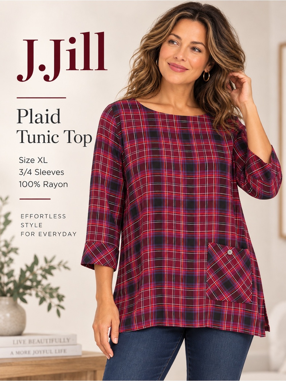 J.Jill Burgundy Plaid Rayon 3/4 Sleeve Tunic Top XL